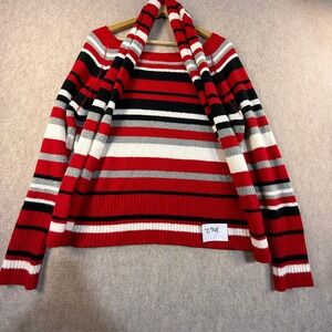 St Johns Bay Striped Chenille Sweater Red White Black Grey Womens Large TO368